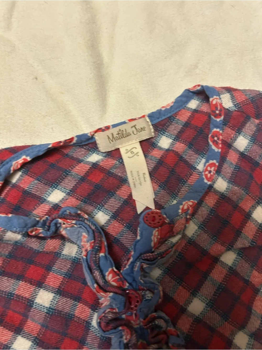 Matilda Jane Red and Blue Plaid Ruffle Front Button-Down Harper tunic flannel